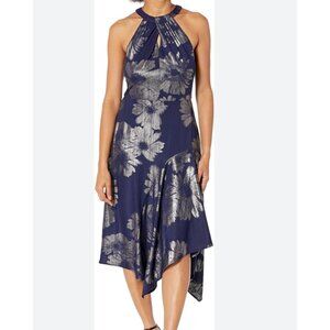 London Times Navy and Silver Floral Dress with Halter Neckline
